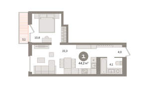 1-к квартира, вторичка, 44м2, 4/8 этаж