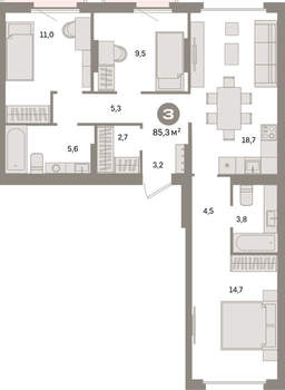 3-к квартира, вторичка, 85м2, 3/9 этаж