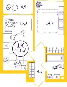 1-к квартира, вторичка, 42м2, 28/32 этаж