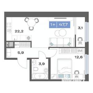 1-к квартира, строящийся дом, 48м2, 17/17 этаж