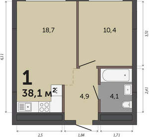 1-к квартира, вторичка, 38м2, 29/30 этаж