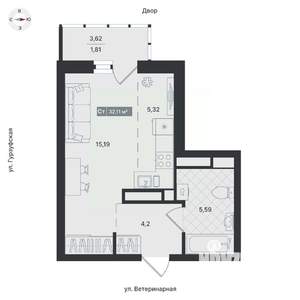 1-к квартира, вторичка, 32м2, 17/24 этаж