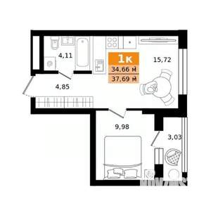 1-к квартира, строящийся дом, 38м2, 11/27 этаж
