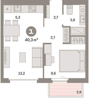 1-к квартира, вторичка, 40м2, 7/16 этаж