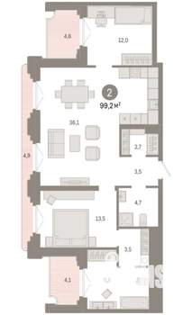 2-к квартира, вторичка, 99м2, 2/9 этаж