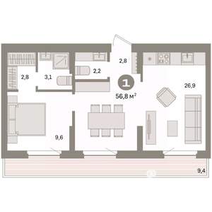 1-к квартира, вторичка, 57м2, 8/9 этаж