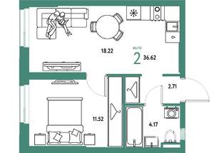 2-к квартира, строящийся дом, 37м2, 5/24 этаж