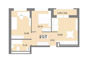 2-к квартира, строящийся дом, 54м2, 7/22 этаж
