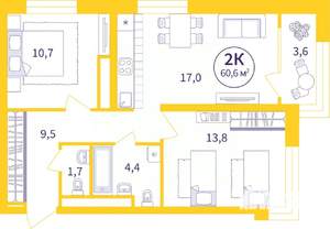 2-к квартира, вторичка, 59м2, 17/25 этаж