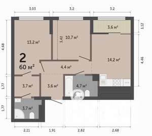 2-к квартира, строящийся дом, 60м2, 8/17 этаж