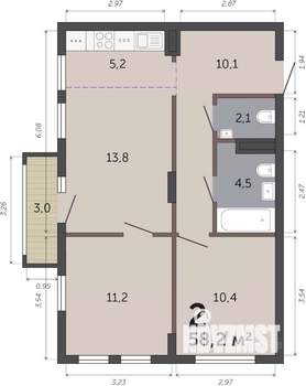 2-к квартира, вторичка, 58м2, 3/19 этаж