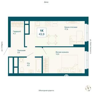 1-к квартира, вторичка, 44м2, 19/21 этаж