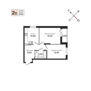 2-к квартира, строящийся дом, 55м2, 22/25 этаж