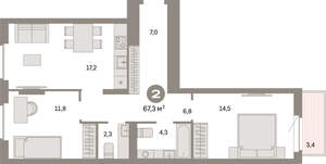 2-к квартира, вторичка, 67м2, 3/9 этаж