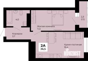 1-к квартира, строящийся дом, 37м2, 20/25 этаж