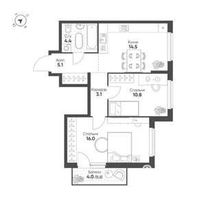 2-к квартира, строящийся дом, 55м2, 8/25 этаж