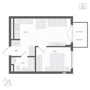 1-к квартира, строящийся дом, 38м2, 1/4 этаж