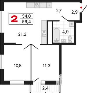 2-к квартира, строящийся дом, 56м2, 24/25 этаж