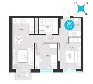 2-к квартира, вторичка, 54м2, 14/22 этаж
