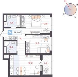 2-к квартира, вторичка, 59м2, 11/31 этаж