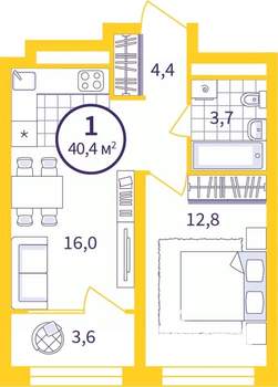 1-к квартира, вторичка, 39м2, 18/24 этаж