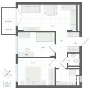 2-к квартира, строящийся дом, 54м2, 1/4 этаж