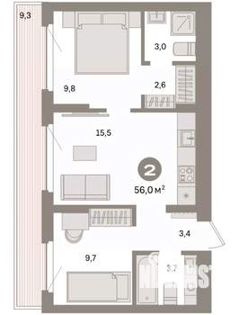 2-к квартира, вторичка, 56м2, 8/8 этаж