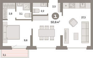 1-к квартира, вторичка, 51м2, 9/9 этаж