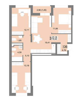 3-к квартира, вторичка, 76м2, 9/22 этаж