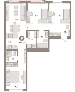 3-к квартира, вторичка, 87м2, 7/16 этаж