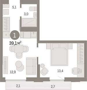 1-к квартира, вторичка, 39м2, 7/16 этаж