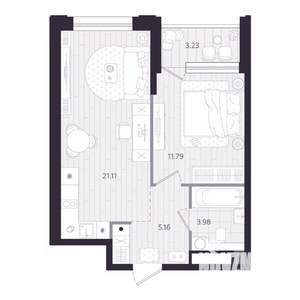 1-к квартира, строящийся дом, 44м2, 2/24 этаж
