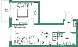 2-к квартира, вторичка, 40м2, 5/24 этаж