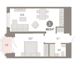 1-к квартира, вторичка, 49м2, 12/24 этаж