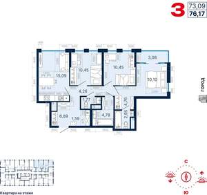 3-к квартира, вторичка, 76м2, 22/25 этаж