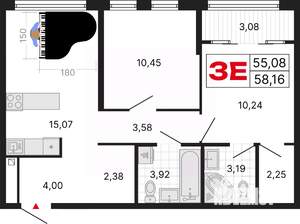 3-к квартира, вторичка, 58м2, 24/25 этаж