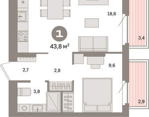 1-к квартира, вторичка, 44м2, 6/9 этаж
