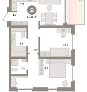 2-к квартира, вторичка, 64м2, 16/24 этаж