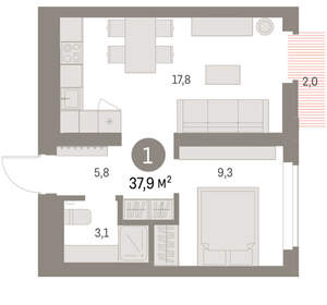 1-к квартира, вторичка, 38м2, 6/9 этаж