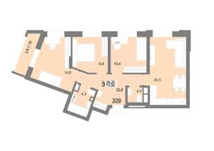 3-к квартира, строящийся дом, 74м2, 16/26 этаж