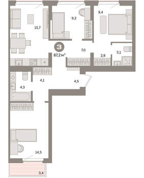 3-к квартира, вторичка, 87м2, 7/16 этаж