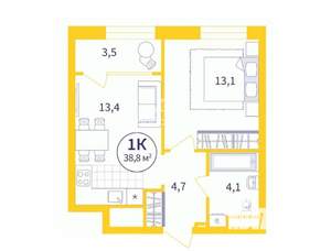 1-к квартира, вторичка, 37м2, 4/8 этаж