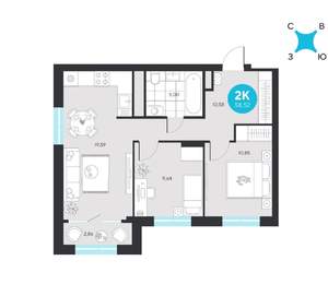 2-к квартира, вторичка, 59м2, 12/22 этаж