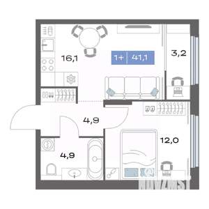 1-к квартира, строящийся дом, 41м2, 22/25 этаж