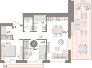 2-к квартира, вторичка, 91м2, 9/9 этаж