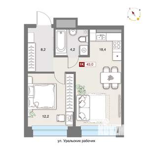 1-к квартира, строящийся дом, 43м2, 8/8 этаж
