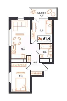 2-к квартира, вторичка, 51м2, 11/21 этаж