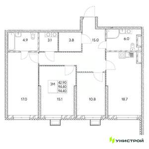 3-к квартира, вторичка, 94м2, 29/31 этаж