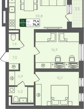 2-к квартира, вторичка, 75м2, 3/2 этаж