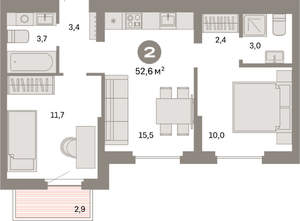 2-к квартира, вторичка, 53м2, 7/9 этаж